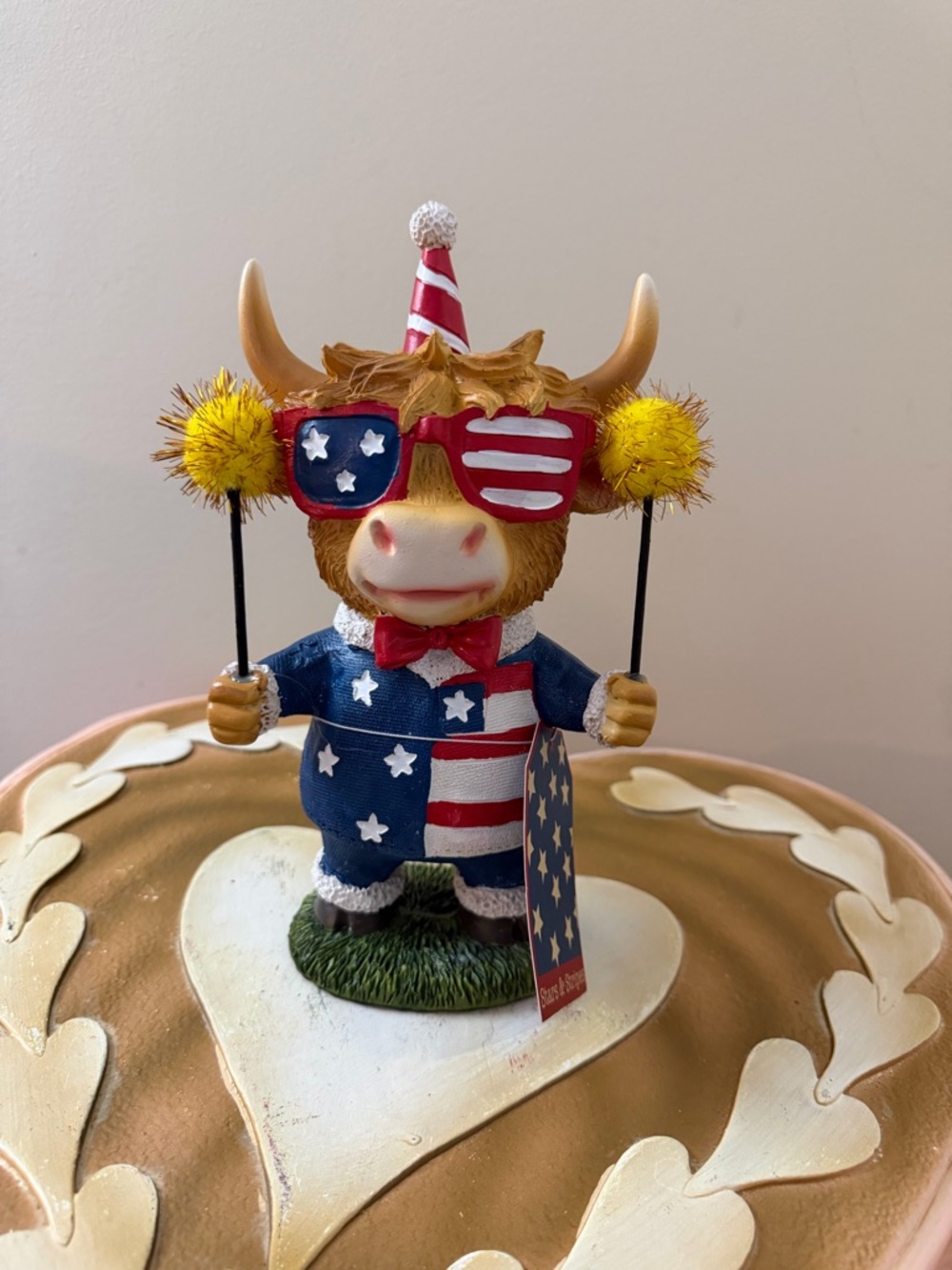Stars & Stripes 4th of July Resin Patriotic Highland Cow with Sparklers